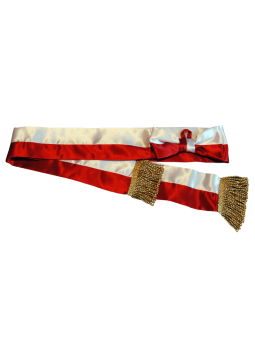Red and white ribbon sash for banner spar with bow gold tassels